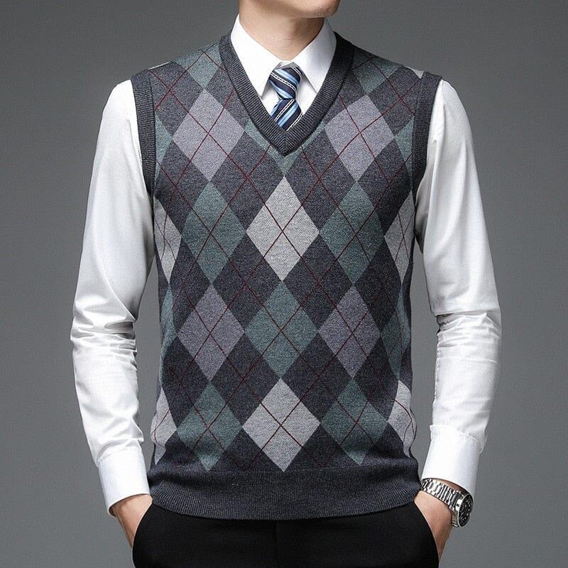 Men's Diamond Knit Vest with Geometric Print - Veltic