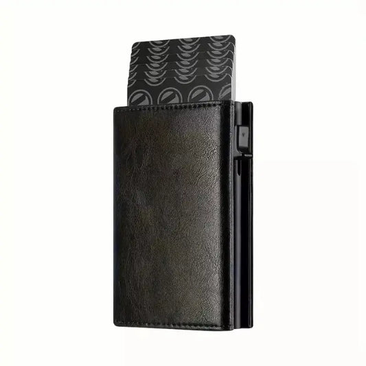 Black men's leather wallet with slim minimalist design