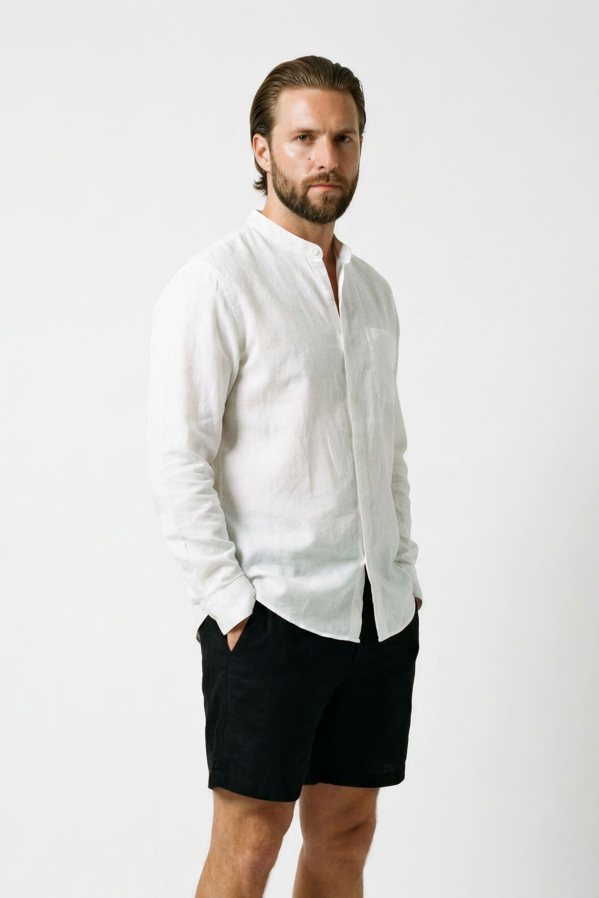 Men's Linen Shirt with Mandarin Collar - Veltic