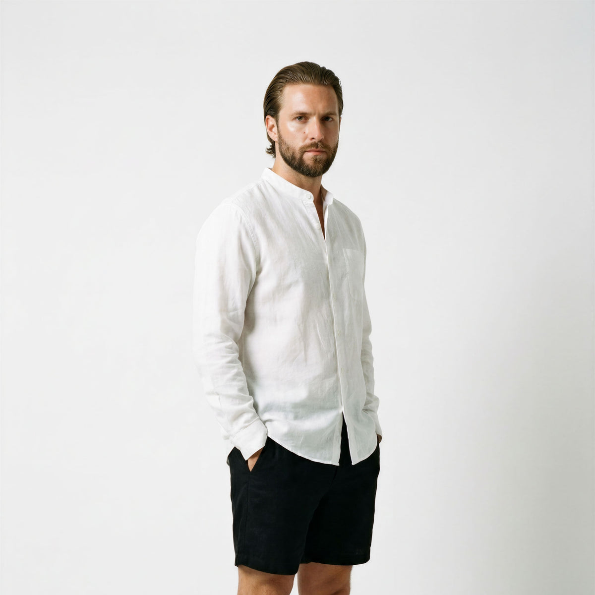 Men's Linen Shirt with Mandarin Collar - Veltic