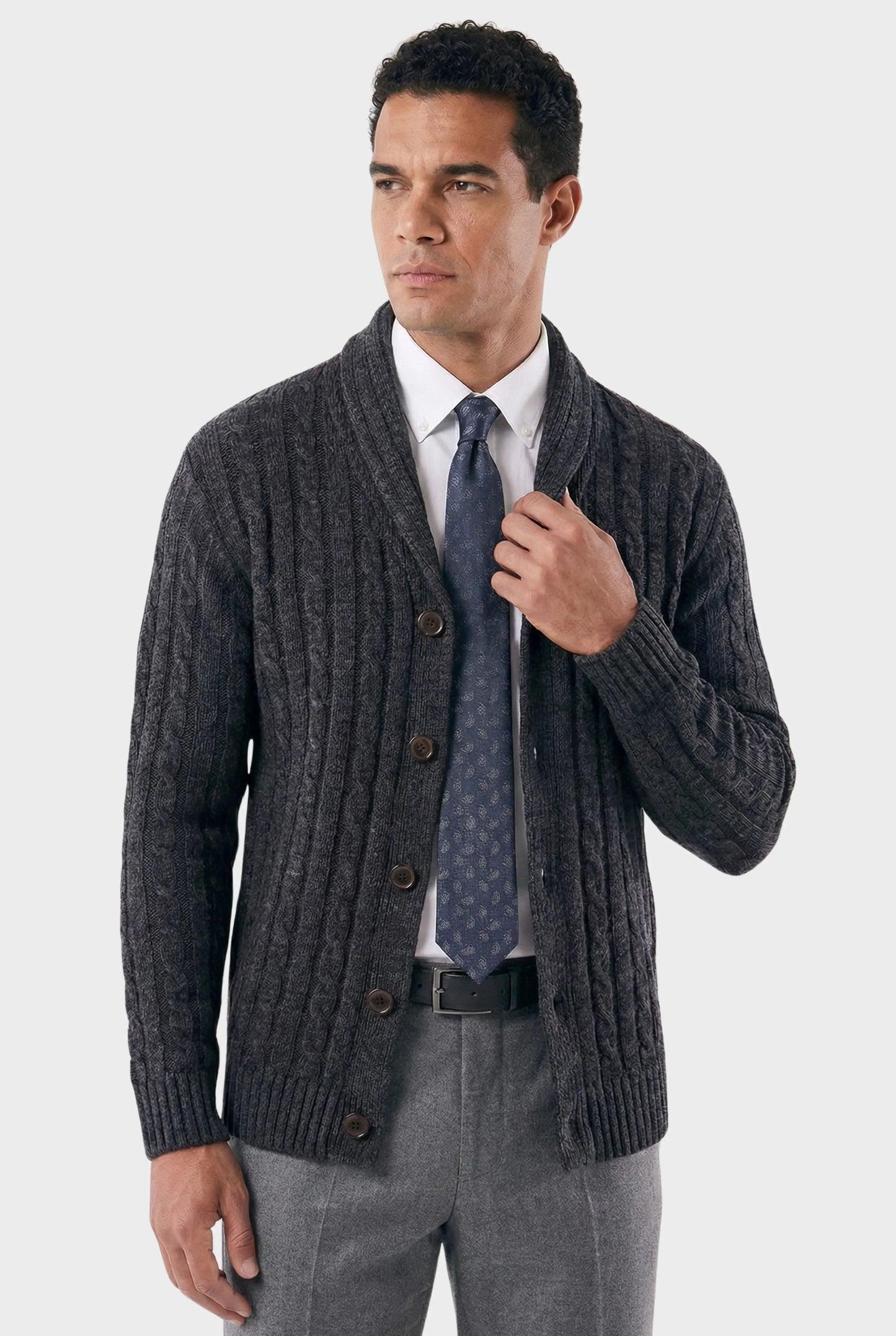 Men's Thick Cardigan with Shawl Collar and Braided Stitch - Veltic
