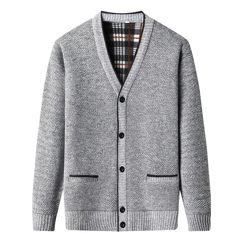 Men's Mixed Wool Cardigan with Checked Lining - Veltic