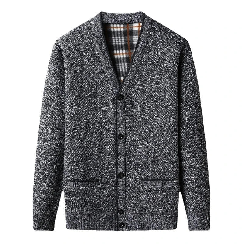Men's Mixed Wool Cardigan with Checked Lining - Veltic