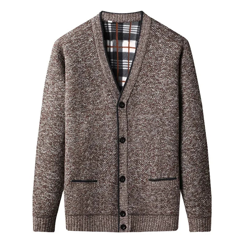 Men's Mixed Wool Cardigan with Checked Lining - Veltic