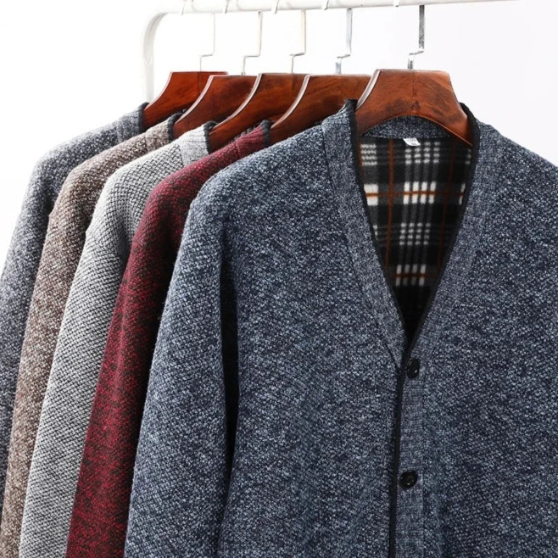 Men's Mixed Wool Cardigan with Checked Lining - Veltic