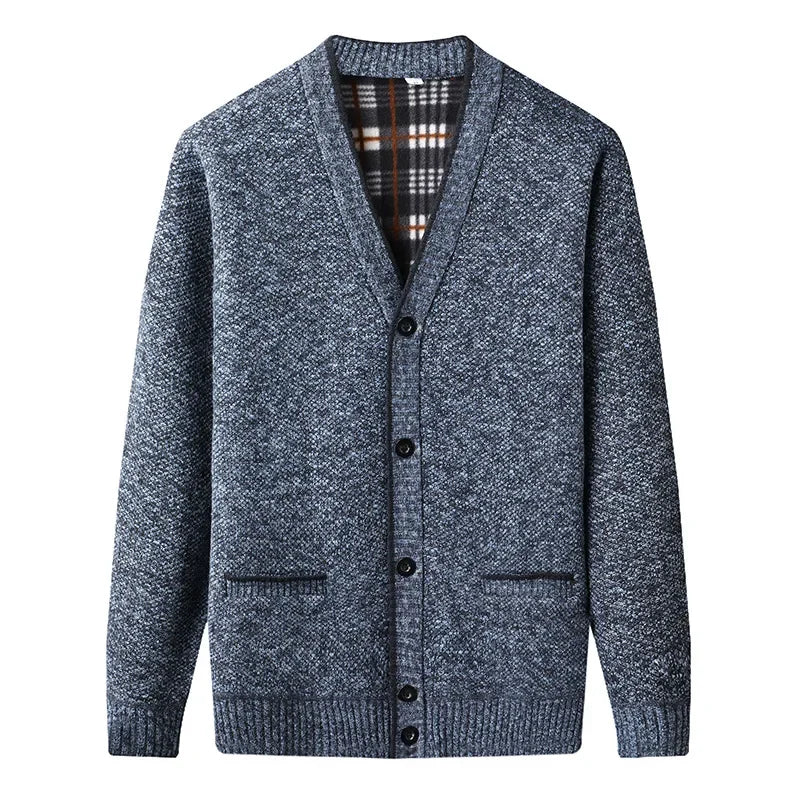 Men's Mixed Wool Cardigan with Checked Lining - Veltic