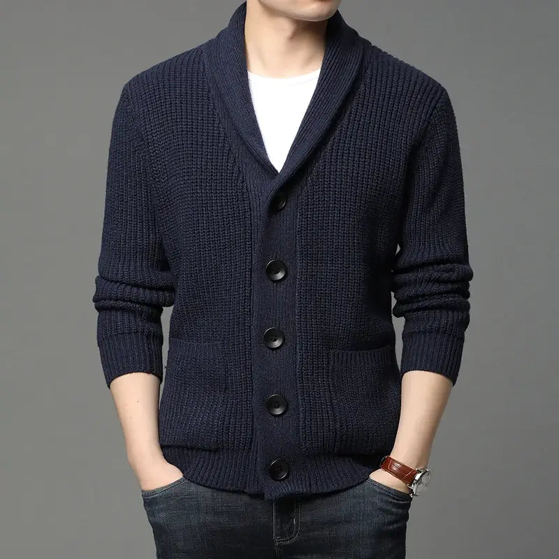 Men's Ribbed Knit Cardigan with Shawl Collar - Veltic