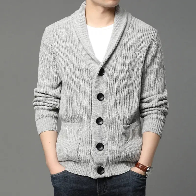 Men's Ribbed Knit Cardigan with Shawl Collar - Veltic