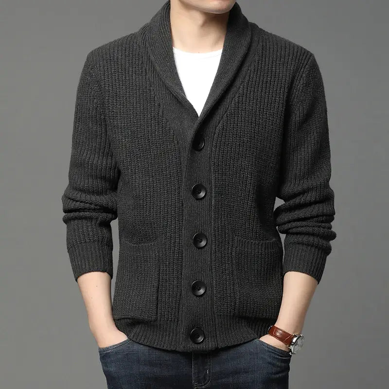 Men's Ribbed Knit Cardigan with Shawl Collar - Veltic