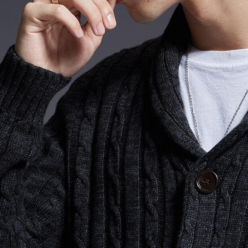 Men's Thick Cardigan with Shawl Collar and Braided Stitch - Veltic