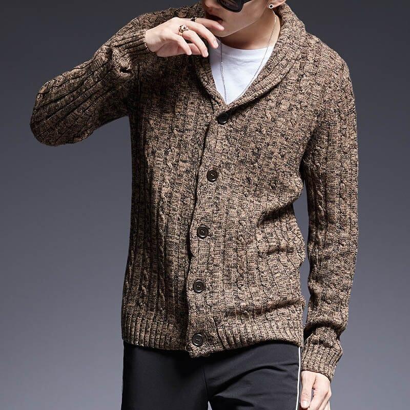 Men's Thick Cardigan with Shawl Collar and Braided Stitch - Veltic