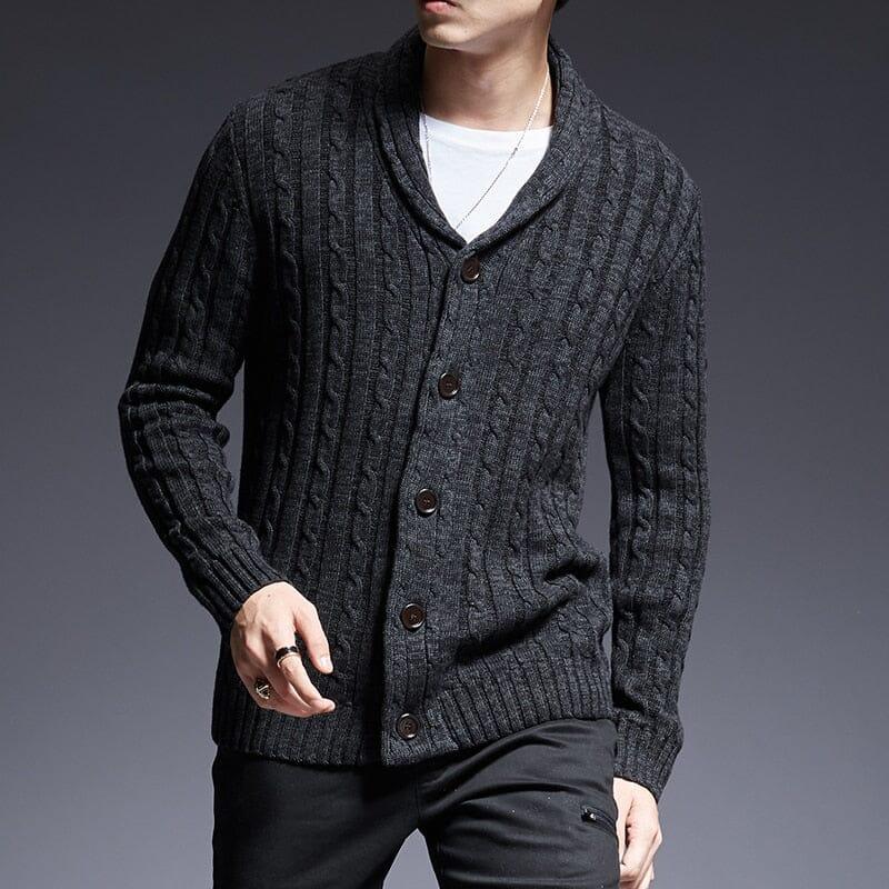 Men's Thick Cardigan with Shawl Collar and Braided Stitch - Veltic