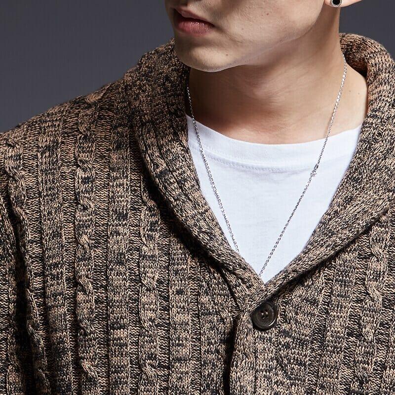 Men's Thick Cardigan with Shawl Collar and Braided Stitch - Veltic