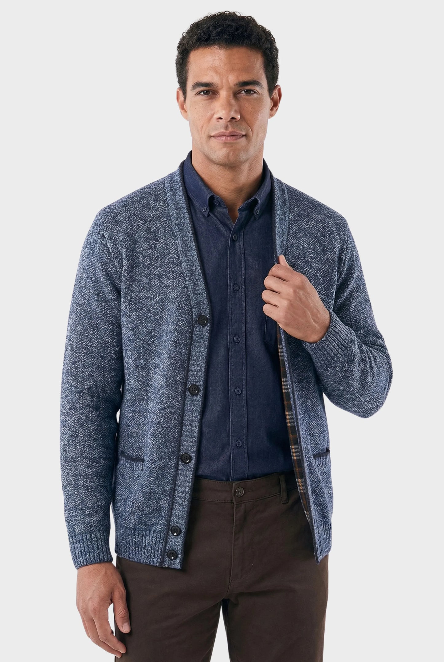 Men's Mixed Wool Cardigan with Checked Lining - Veltic