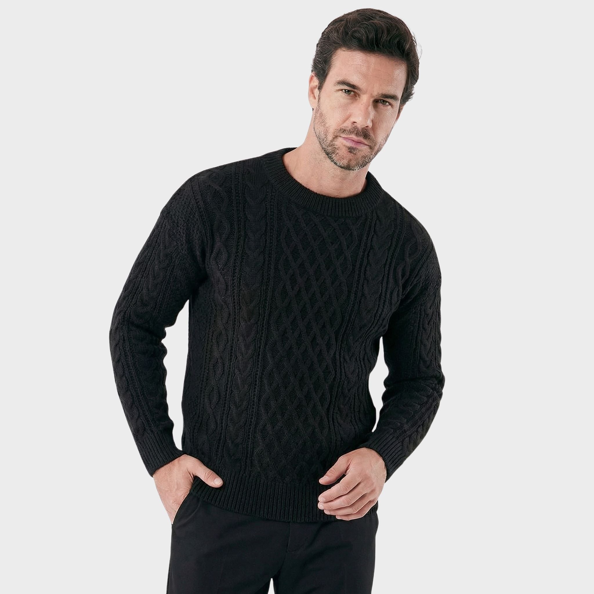 Men's Brushed Wool Sweater with Double Noir Embroidery - Veltic