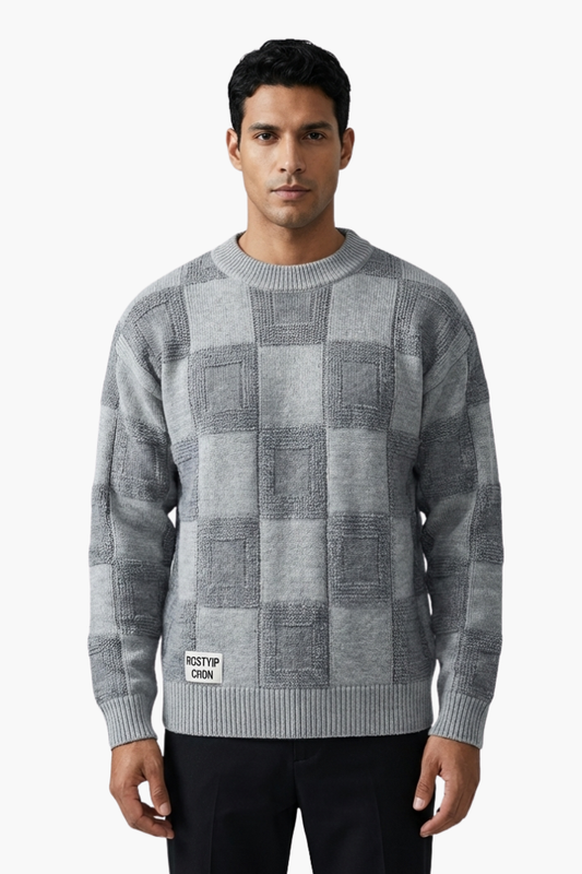 Men's Sweater with Raised Checkered Pattern - Veltic